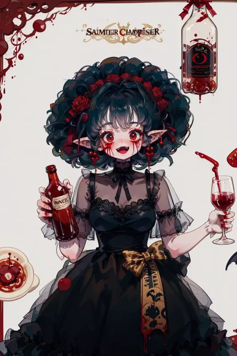 <lyco:littledog:1.0>lineart, 2d, muscluar, absurdres, 1girl, revealing clothes, silk champagne dress, black dress, see-through, ((monster girl, vampire, fang, drinking blood)), colored skin, pale skin, ghoulish, holding, bottle, wine bottle