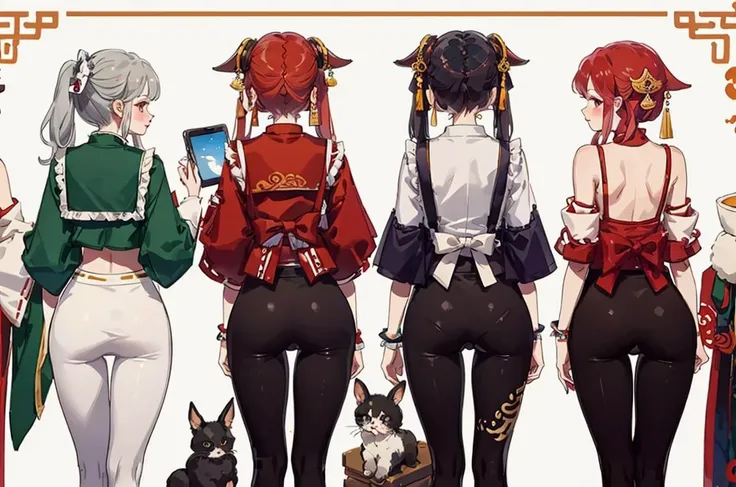 a lineup of asses in thights, leggings, looking at viewer, from behind, ganyu, keqing, yae miko, ningguang, high quality <lyco:littledog:0.8>