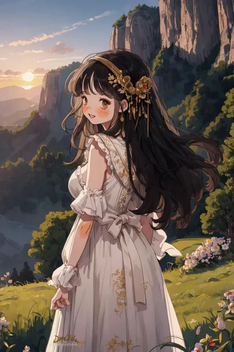 masterpiece, best quality, ultra detailed, highres, extremely detailed CG unity 8k wallpaper, perfect lighting, very detailed background, beautiful and aesthetic,fantasy illustration, solo focus,
1girl, teen age, long hair, black hair, gold eyes, hair ornament, medium breasts,
(sunset:1.2), outdoors, in Hilly land, blooming, (white dress:1.1), grin, blush, (from behind:1.2), <lyco:littledog:1.0>