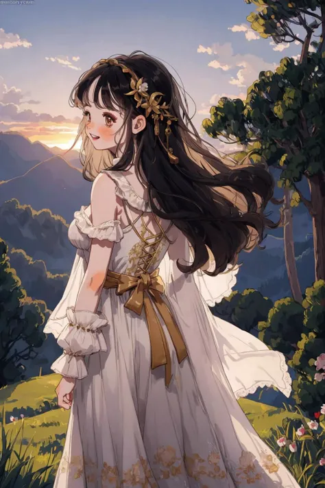 masterpiece, best quality, ultra detailed, highres, extremely detailed CG unity 8k wallpaper, perfect lighting, very detailed background, beautiful and aesthetic,fantasy illustration, solo focus,
1girl, teen age, long hair, black hair, gold eyes, hair ornament, medium breasts,
(sunset:1.2), outdoors, in Hilly land, blooming, (white dress:1.1), grin, blush, (from behind:1.2), <lyco:littledog:1.0>