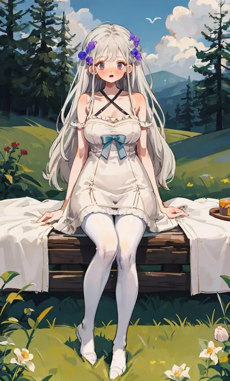 best quality, masterpiece, highres, ultra-detailed, colorful, high saturation, (nsfw:1.01), 1girl, solo, petite,
(white hair, (very long hair, :1.11), :1.21), (purple eyes, :1.11), slender, (slim legs, :0.96), (blunt bangs, :1.11), (huge breasts, :1.11),
detailed skin, shiny skin, (blush, nose blush, :1.11), (slightly open mouth :0.64), looking at viewer,
(strap, collarbone, bare shoulders, :1.11), white minidress, (sheer tulle, lace, :1.11), see-through silhouette, (covered nipples, :0.81), (white pantyhose, :1.27),
bed sheet, flowers, coloful flowers, blue sky, landscape, mountainous horizon, feathers, bubbles, waterdrops, plant, flower field, cloud, stone, rocks, stairs, trees, leaves, stump, spring, ray tracing, (strong rim light, bloom, :1.21), studio light, sitting, facing the front, wide shot, wide-shot, full body, <lyco:littledog:1.0>