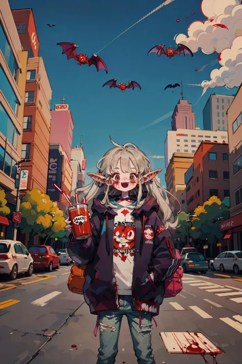 ((monster girl, vampire, fang, drinking blood)) long_hair, 1girl, solo, standing,outdoors, crop_tophoodie, wince,lowleg, groin, city, street, <lyco:littledog:1>