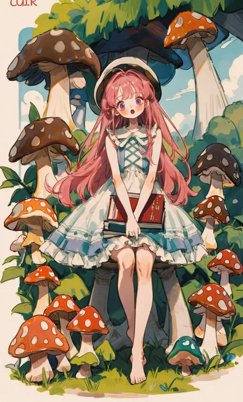 best quality, masterpiece, highres, ultra-detailed, colorful, high saturation,1girl, (mushroom:1.5), dress, pink hair, long hair, barefoot, sitting, white dress, solo, outdoors, holding, bangs, tree, day, blush, looking at viewer, plant, sleeveless, sleeveless dress, bare shoulders, very long hair, :o, bare legs, frilled dress, frills, full body, nature, book, pink eyes, purple eyes, hat, animal, open mouth <lyco:littledog:1.0>