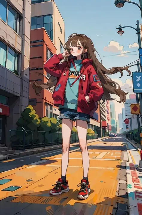 long_hair, 1girl, solo, standing,outdoors, crop_tophoodie, wince,lowleg, groin, city, street, <lyco:littledog:1>