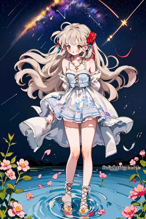 (best quality:1.4),(hiten1:0.49),(light:1.543),(full body:1.23),(Leaning forward slightly:1.183),(from below),(wind blows:1.421),(blue, red, pink, flower clusters: 1.6532),(looking at viewer) Deep view,(lights:1.1), (blue, red, pink, flower clusters: 1.6532),(Petals floating on the water:1.212),(stone),(starry sky:1.5),(shooting stars:1.5),(galaxy:1.543),(one girl:1.54), (standing in the water:1.642),(long white hair:1.34),(ends of the hair turn blue:1.06),(small:1.12),(white eyes:1.21),(arms behind back:1.425),(blush:1.1),(bare thighs:1.1),(thigh lace-up:1.3),open clothes,sexy,cleavage:1.24,nude,pink nipples,medium breasts,necklace,(sapphire decoration),(Wide sleeves),, <lyco:littledog:1.0>