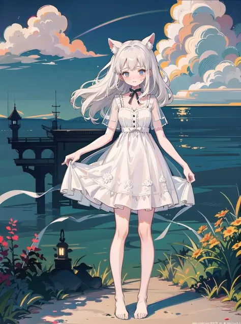 best quality, highres, (ultra-detailed:1.1025), (illustration:1.1025), , solo, ske, outdoors, garden, sun, sea, cloud, (see-through silhouette:1.5), white dress, wet, skirt lift, animal ears, rainbow, white hair, long hair, pajamas, standing, cohesive background, thin, full body, barefoot, blush, naughty face, nose blush, closed mouth, steaming body, <lyco:littledog:0.5>