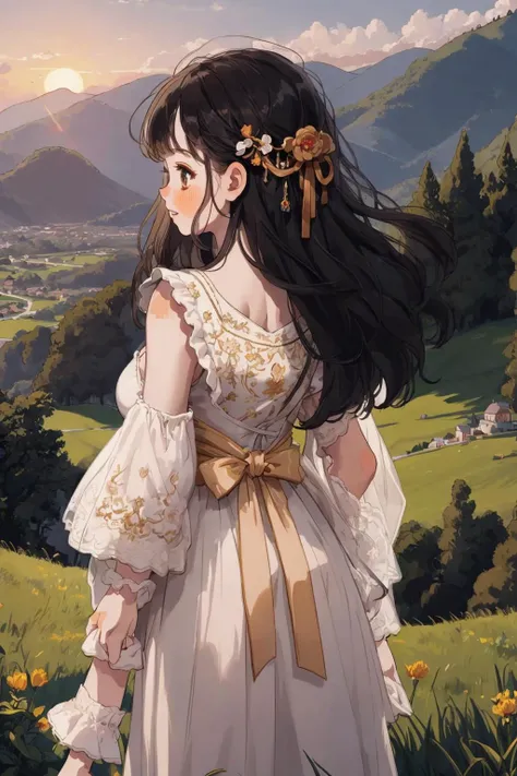 masterpiece, best quality, ultra detailed, highres, extremely detailed CG unity 8k wallpaper, perfect lighting, very detailed background, beautiful and aesthetic,fantasy illustration, solo focus,
1girl, teen age, long hair, black hair, gold eyes, hair ornament, medium breasts,
(sunset:1.2), outdoors, in Hilly land, blooming, (white dress:1.1), grin, blush, (from behind:1.2), <lyco:littledog:1.0>