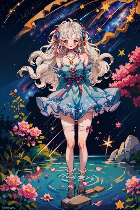 (best quality:1.4),(hiten1:0.49),(light:1.543),(full body:1.23),(Leaning forward slightly:1.183),(from below),(wind blows:1.421),(blue, red, pink, flower clusters: 1.6532),(looking at viewer) Deep view,(lights:1.1), (blue, red, pink, flower clusters: 1.6532),(Petals floating on the water:1.212),(stone),(starry sky:1.5),(shooting stars:1.5),(galaxy:1.543),(one girl:1.54), (standing in the water:1.642),(long white hair:1.34),(ends of the hair turn blue:1.06),(small:1.12),(white eyes:1.21),(arms behind back:1.425),(blush:1.1),(bare thighs:1.1),(thigh lace-up:1.3),open clothes,sexy,cleavage:1.24,nude,pink nipples,medium breasts,necklace,(sapphire decoration),(Wide sleeves),, <lyco:littledog:1.0>