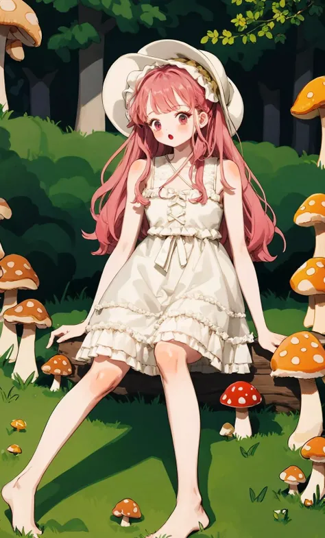 best quality, masterpiece, highres, ultra-detailed, colorful, high saturation,1girl, (mushroom:1.5), dress, pink hair, long hair, barefoot, sitting, white dress, solo, outdoors, holding, bangs, tree, day, blush, looking at viewer, plant, sleeveless, sleeveless dress, bare shoulders, very long hair, :o, bare legs, frilled dress, frills, full body, nature, book, pink eyes, purple eyes, hat, animal, open mouth <lyco:littledog:1.0>