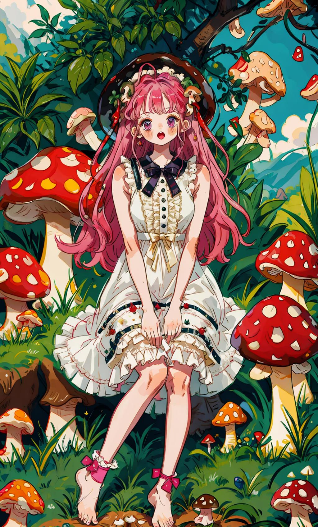 A girl sitting on a mushroom covered ground in a forest - SeaArt AI