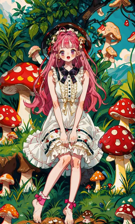 best quality, masterpiece, highres, ultra-detailed, colorful, high saturation,1girl, (mushroom:1.5), dress, pink hair, long hair, barefoot, sitting, white dress, solo, outdoors, holding, bangs, tree, day, blush, looking at viewer, plant, sleeveless, sleeveless dress, bare shoulders, very long hair, :o, bare legs, frilled dress, frills, full body, nature, book, pink eyes, purple eyes, hat, animal, open mouth <lyco:littledog:1.0>