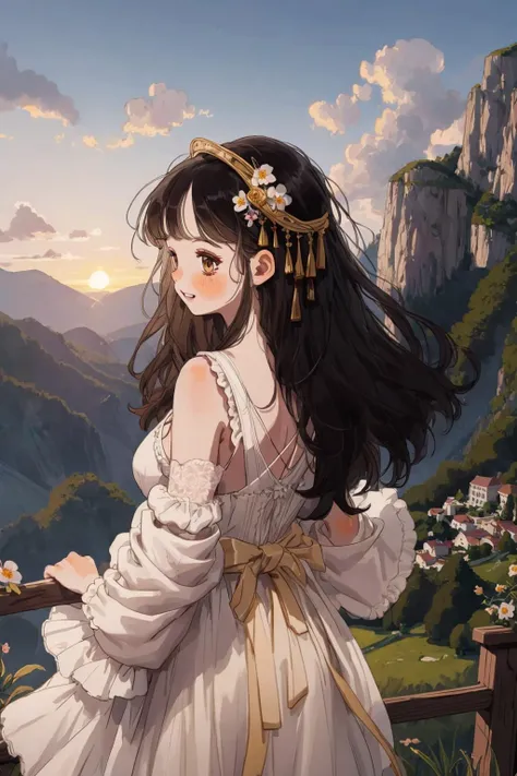 masterpiece, best quality, ultra detailed, highres, extremely detailed CG unity 8k wallpaper, perfect lighting, very detailed background, beautiful and aesthetic,fantasy illustration, solo focus,
1girl, teen age, long hair, black hair, gold eyes, hair ornament, medium breasts,
(sunset:1.2), outdoors, in Hilly land, blooming, (white dress:1.1), grin, blush, (from behind:1.2), <lyco:littledog:1.0>