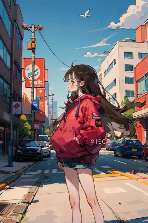 long_hair, 1girl, solo, standing,outdoors, crop_tophoodie, wince,lowleg, groin, city, street, <lyco:littledog:1>