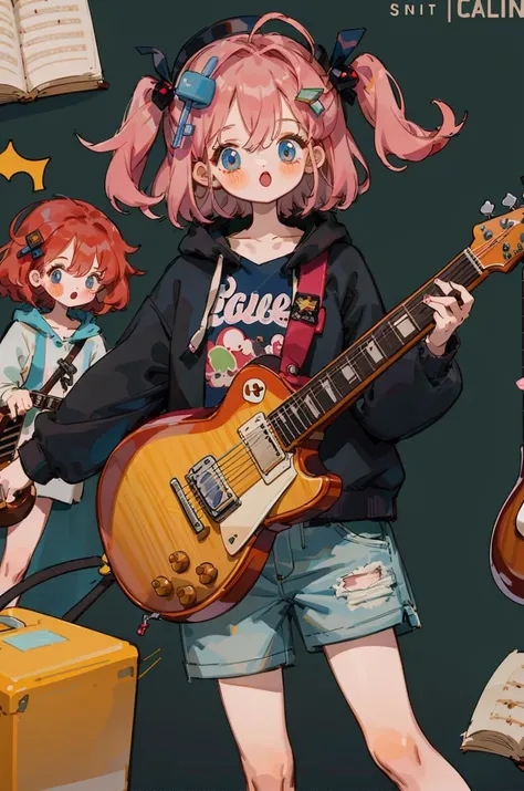 gotou hitori, cube hair ornament, blue eyes, instrument, guitar, pink hair, hair ornament, 2girls, jacket, bangs, holding instrument, multiple girls, holding, hair between eyes, hood, one side up, electric guitar, shirt, open mouth, long sleeves, hood down, black shirt, blurry, :o, white jacket, collarbone, hoodie, solo focus, playing instrument, looking at viewer, short hair, gibson les paul <lyco:littledog:1>