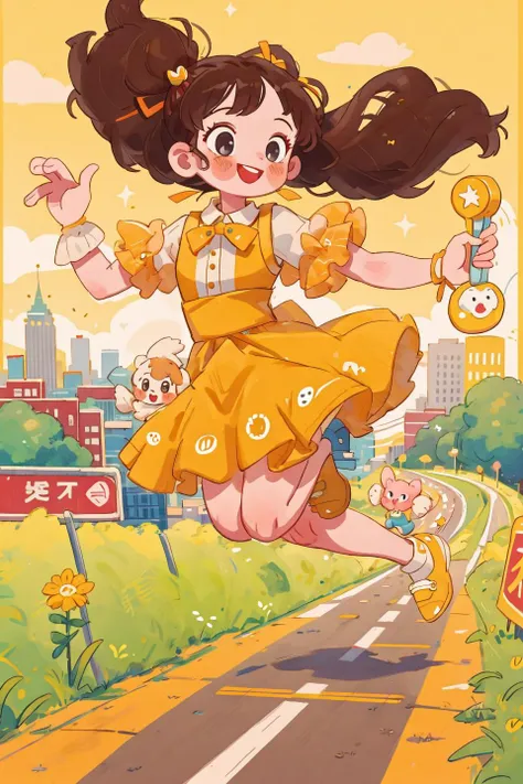masterpiece,best quality,1girl,smile, pop, fancy,city,road,stylish pose,jump,dynamic <lyco:littledog:0.8>