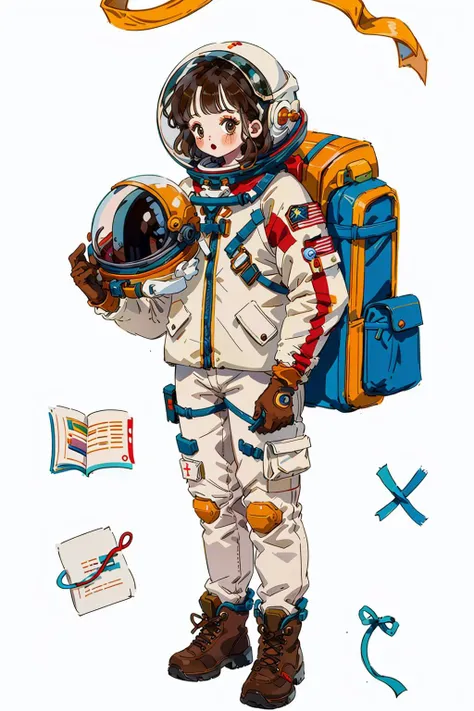 best quality, masterpiece, 1girl, solo, spacesuit, white background, astronaut, holding, simple background, full body, space helmet, helmet, boots, standing, headwear removed, blush, brown footwear, helmet removed, looking at viewer, gloves, brown hair, brown eyes, holding helmet, bangs, medium hair, :o <lyco:littledog:1.0>
