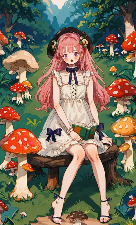 best quality, masterpiece, highres, ultra-detailed, colorful, high saturation,1girl, (mushroom:1.5), dress, pink hair, long hair, barefoot, sitting, white dress, solo, outdoors, holding, bangs, tree, day, blush, looking at viewer, plant, sleeveless, sleeveless dress, bare shoulders, very long hair, :o, bare legs, frilled dress, frills, full body, nature, book, pink eyes, purple eyes, hat, animal, open mouth <lyco:littledog:1.0>