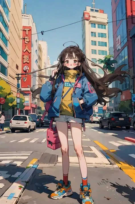 long_hair, 1girl, solo, standing,outdoors, crop_tophoodie, wince,lowleg, groin, city, street, <lyco:littledog:1>