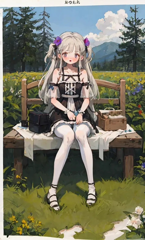 best quality, masterpiece, highres, ultra-detailed, colorful, high saturation, (nsfw:1.01), 1girl, solo, petite,
(white hair, (very long hair, :1.11), :1.21), (purple eyes, :1.11), slender, (slim legs, :0.96), (blunt bangs, :1.11), (huge breasts, :1.11),
detailed skin, shiny skin, (blush, nose blush, :1.11), (slightly open mouth :0.64), looking at viewer,
(strap, collarbone, bare shoulders, :1.11), white minidress, (sheer tulle, lace, :1.11), see-through silhouette, (covered nipples, :0.81), (white pantyhose, :1.27),
bed sheet, flowers, coloful flowers, blue sky, landscape, mountainous horizon, feathers, bubbles, waterdrops, plant, flower field, cloud, stone, rocks, stairs, trees, leaves, stump, spring, ray tracing, (strong rim light, bloom, :1.21), studio light, sitting, facing the front, wide shot, wide-shot, full body, <lyco:littledog:1.0>