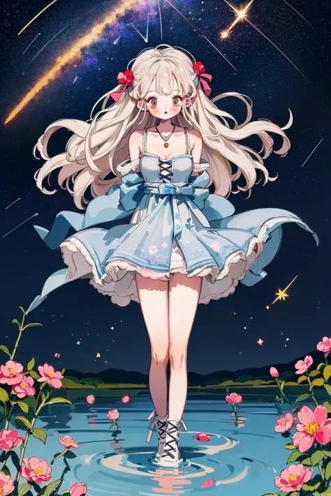 (best quality:1.4),(hiten1:0.49),(light:1.543),(full body:1.23),(Leaning forward slightly:1.183),(from below),(wind blows:1.421),(blue, red, pink, flower clusters: 1.6532),(looking at viewer) Deep view,(lights:1.1), (blue, red, pink, flower clusters: 1.6532),(Petals floating on the water:1.212),(stone),(starry sky:1.5),(shooting stars:1.5),(galaxy:1.543),(one girl:1.54), (standing in the water:1.642),(long white hair:1.34),(ends of the hair turn blue:1.06),(small:1.12),(white eyes:1.21),(arms behind back:1.425),(blush:1.1),(bare thighs:1.1),(thigh lace-up:1.3),open clothes,sexy,cleavage:1.24,nude,pink nipples,medium breasts,necklace,(sapphire decoration),(Wide sleeves),, <lyco:littledog:1.0>