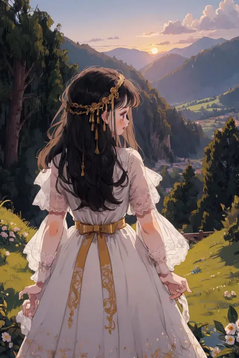 masterpiece, best quality, ultra detailed, highres, extremely detailed CG unity 8k wallpaper, perfect lighting, very detailed background, beautiful and aesthetic,fantasy illustration, solo focus,
1girl, teen age, long hair, black hair, gold eyes, hair ornament, medium breasts,
(sunset:1.2), outdoors, in Hilly land, blooming, (white dress:1.1), grin, blush, (from behind:1.2), <lyco:littledog:1.0>