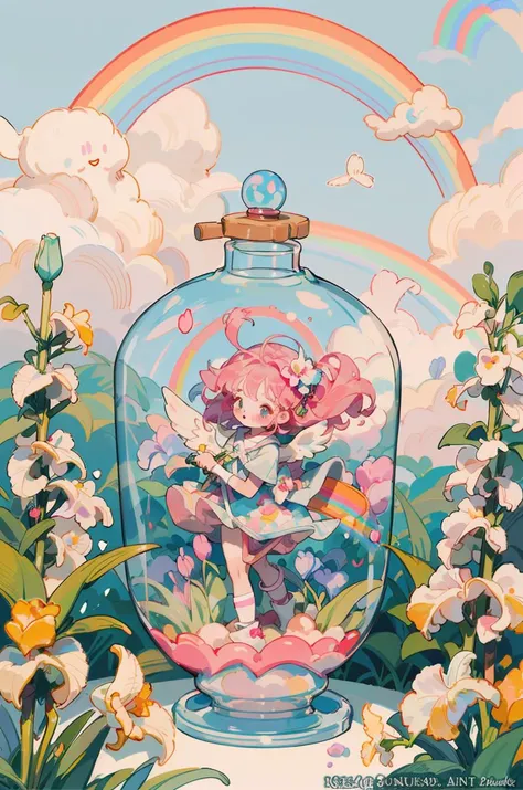 masterpiece, best quality, extremely detailed, beautiful illustration, creative illustration, favorite illustration, , floating,beautiful detailed eyes,(angel),blush,(back),floating hair, (a lot rainbow buble:1.1),(iris)((outdoors)), aesthetic pastel pink rainbow crystals bubbles clouds hd wallpaper,detailed analogue colorful art,big cute pastel pink float, beautiful garden blowing bubbles beautiful cartoon painting art,inspirational landscape painting soft pastel colors blue pink white sky,pastel dreamstate art cinema style terrarium,pastel pink and pastel blue tone,Overall pale, picture-book-like illustrations <lyco:littledog:1>