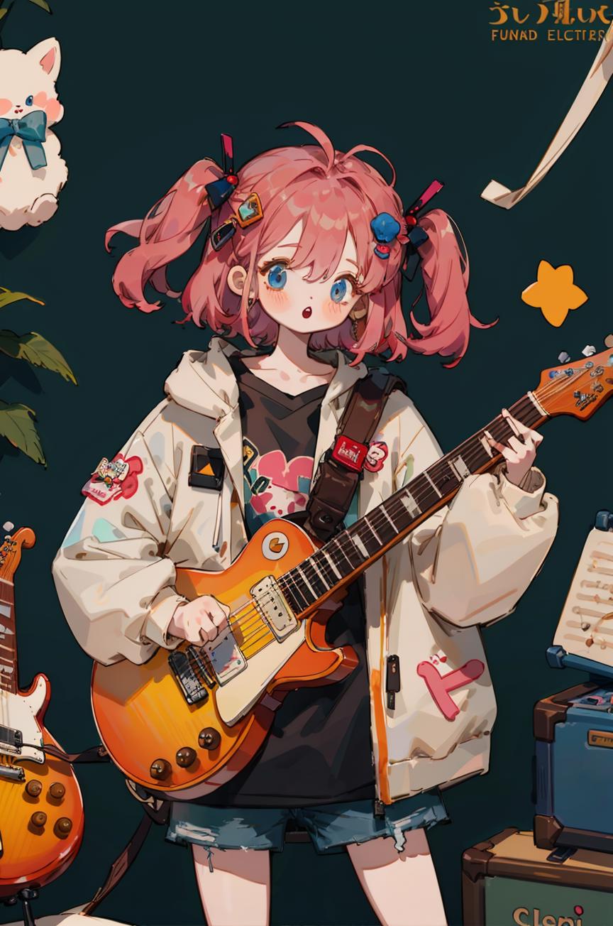 Anime girl with pink hair playing guitar in front of a bunch of musical ...