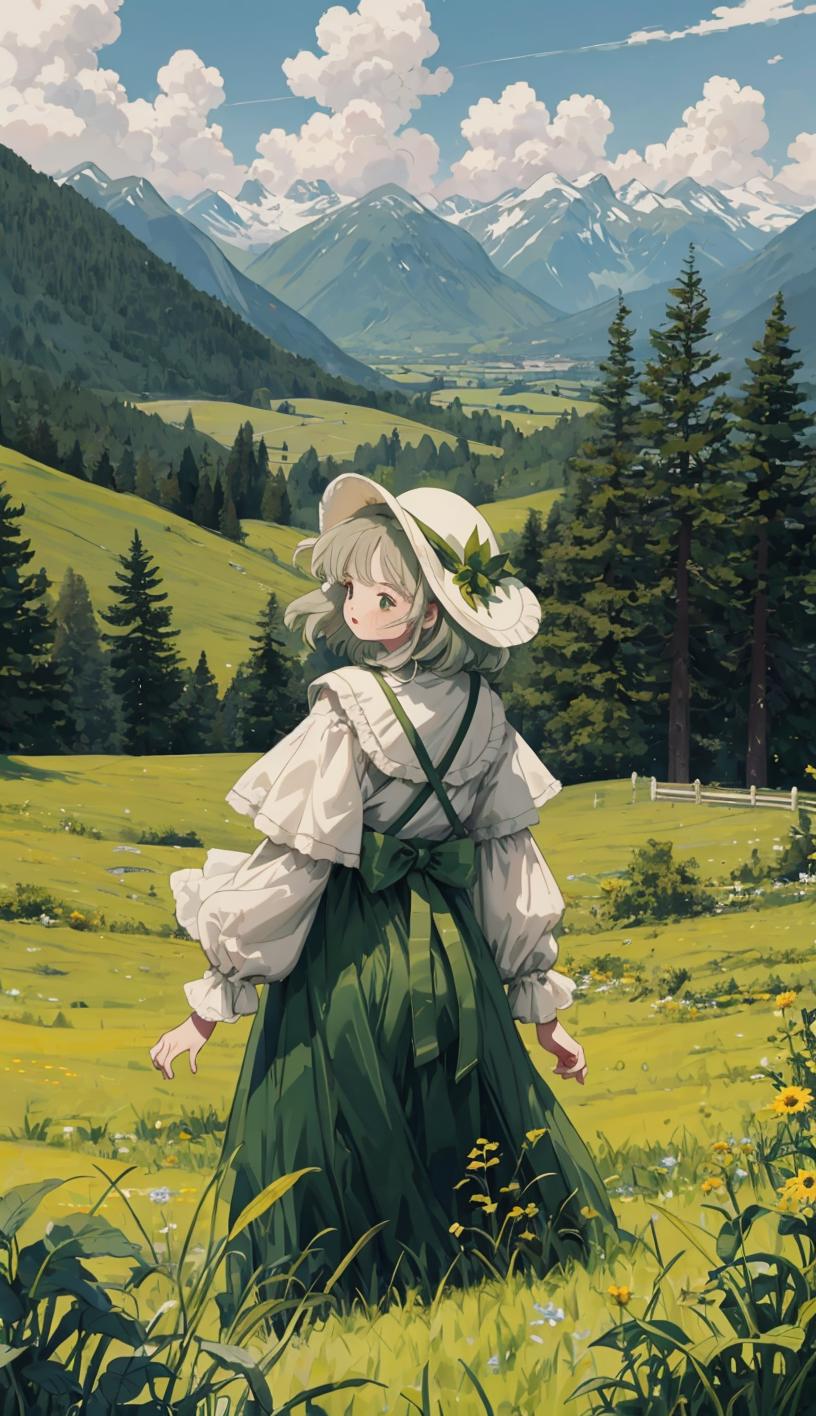 A painting of a woman in a green dress and hat in a field - SeaArt AI