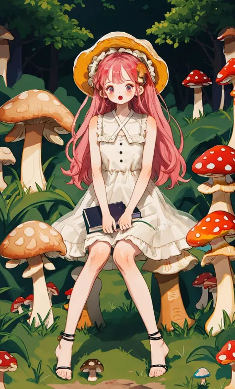 best quality, masterpiece, highres, ultra-detailed, colorful, high saturation,1girl, (mushroom:1.5), dress, pink hair, long hair, barefoot, sitting, white dress, solo, outdoors, holding, bangs, tree, day, blush, looking at viewer, plant, sleeveless, sleeveless dress, bare shoulders, very long hair, :o, bare legs, frilled dress, frills, full body, nature, book, pink eyes, purple eyes, hat, animal, open mouth <lyco:littledog:1.0>
