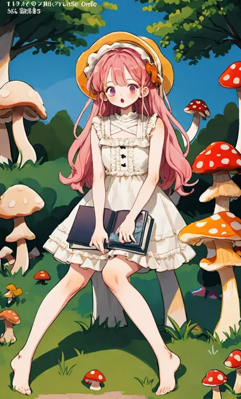 best quality, masterpiece, highres, ultra-detailed, colorful, high saturation,1girl, (mushroom:1.5), dress, pink hair, long hair, barefoot, sitting, white dress, solo, outdoors, holding, bangs, tree, day, blush, looking at viewer, plant, sleeveless, sleeveless dress, bare shoulders, very long hair, :o, bare legs, frilled dress, frills, full body, nature, book, pink eyes, purple eyes, hat, animal, open mouth <lyco:littledog:1.0>