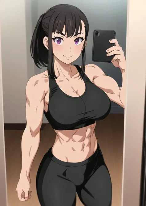 dumbbell, gym, sweat, selfie, phone, mirror, treadmill, sports bra, yoga pants, standing, smile, toned, (medium breasts), makioze, <lora:makioze-lora:0.65>, perfect face, deep detailed eyes,