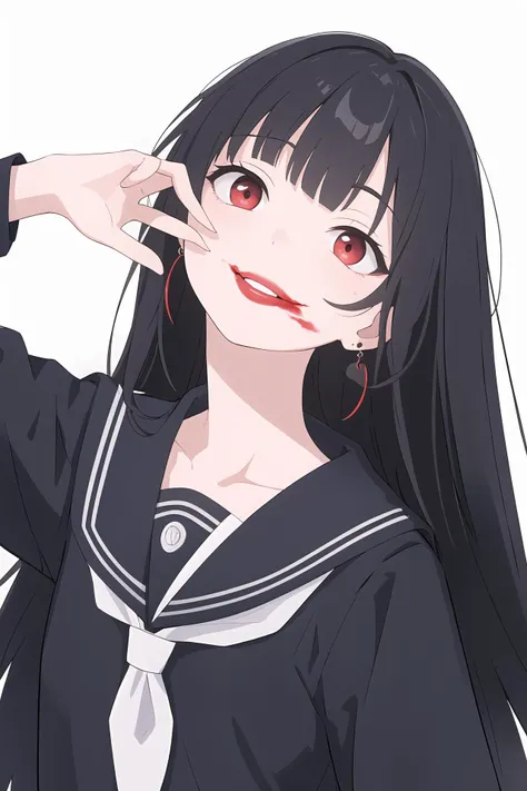 (best quality, masterpiece, highres),1girl,solo,red eyes,blunt bangs,black hair,long hair,earrings,serafuku,head tilt,smile,dynamic_angle,looking at viewer,horror \(theme\),creepy,abstract,dark background,
<lora:smeared lipstick_bx-v1.02:1>,smeared lipstick,