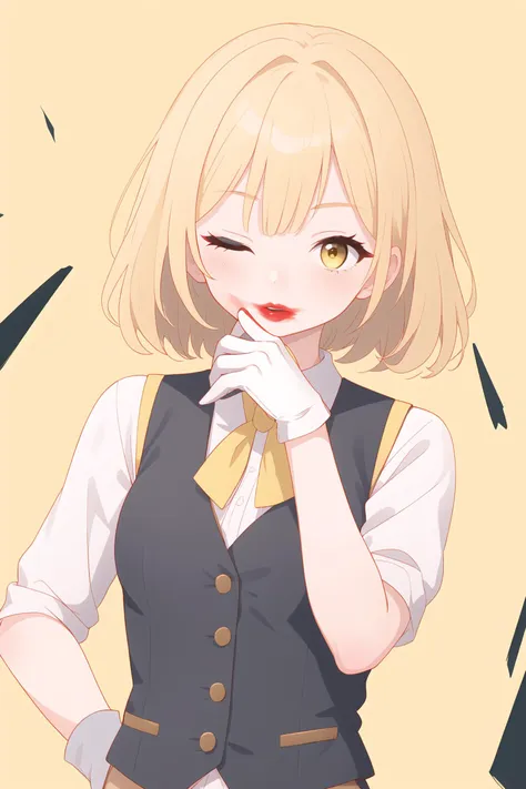 (masterpiece,best quality,absurdres),1girl,solo,<lora:smeared lipstick_bx-v2.02:1>,smeared lipstick,
yellow theme,upper body,one eye closed,waistcoat,long gloves,dynamic_angle,