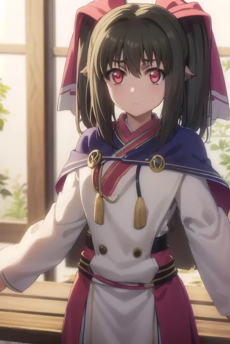 utawarerumononekone, <lora:utawarerumono nekone s2-lora-nochekaiser:1>,
nekone, long hair, brown hair, (red eyes:1.3), ribbon, animal ears, twintails, hair ribbon, mole, mole under eye,
BREAK tail, cape, robe, capelet, long sleeves,
BREAK outdoors,
BREAK looking at viewer, (cowboy shot:1.5),
BREAK <lyco:GoodHands-beta2:1>, (masterpiece:1.2), best quality, high resolution, unity 8k wallpaper, (illustration:0.8), (beautiful detailed eyes:1.6), extremely detailed face, perfect lighting, extremely detailed CG, (perfect hands, perfect anatomy),