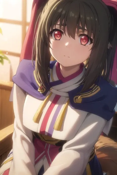 utawarerumononekone, <lora:utawarerumono nekone s2-lora-nochekaiser:1>,
nekone, long hair, brown hair, (red eyes:1.3), ribbon, animal ears, twintails, hair ribbon, mole, mole under eye,
BREAK tail, cape, robe, capelet, long sleeves,
BREAK outdoors,
BREAK looking at viewer, (cowboy shot:1.5),
BREAK <lyco:GoodHands-beta2:1>, (masterpiece:1.2), best quality, high resolution, unity 8k wallpaper, (illustration:0.8), (beautiful detailed eyes:1.6), extremely detailed face, perfect lighting, extremely detailed CG, (perfect hands, perfect anatomy),