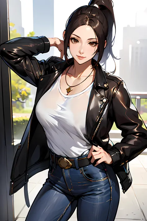 masterpiece, best_quality, photorealistic, unreal_engine,ultra_res,
1girl, masterpiece, best quality, shiranui mai, 
brown eyes
leather jacket, long sleeve jacket, black jacket, t-shirt, 
denim pants, jewelry, (necklace:1.3), belt
ponytail, 
huge breasts  , waist,  <lora:shiranui_mai:0.7>
watching at viewer, smile , upturned eyes
standing , (sexy pose:1.2) waist shot,
<lora:Style_hews_style:0.5>HEWS STYLE
 <lora:Style_cutesexyrobutts_v2:0.2>CSR STYLE