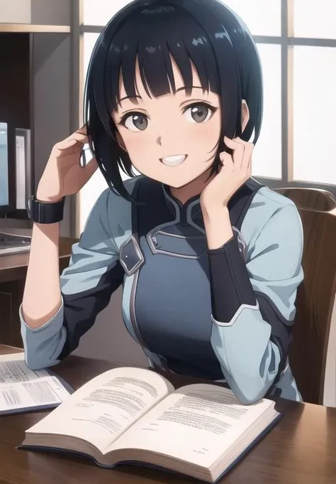 (Photo:1.3), highdetail, <lora:Sachi:0.8>, Sachi, solo, smile, sitting, desk, looking at viewer, head rest,, (acclaimed, alluring, captivating, exciting, gorgeous, striking:1.3), beautiful, (highly detailed, high quality:1.3)