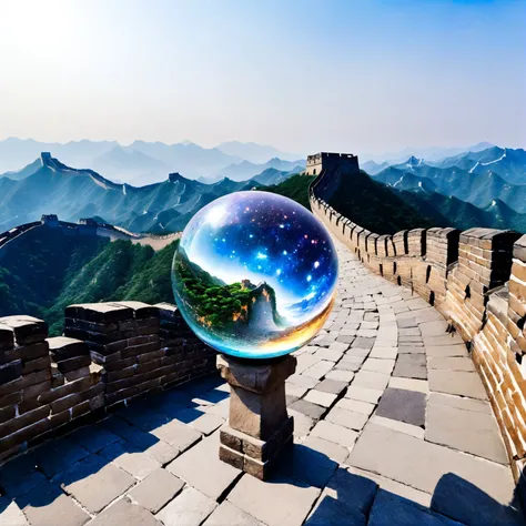 glass orb,galaxy, level, Brown haze, hyperrealism, standing on the Great Wall of China alongside Mushu and her fellow soldiers,
<lora:glass_orb_2.0:0.9>