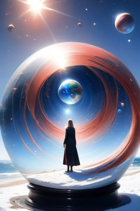 woman at the beach <lora:glass_orb_sdxl_01:1> glass orb, black haze, blue haze, red haze, paths, patched planet, stars, saturn planet, snow, earth planet,