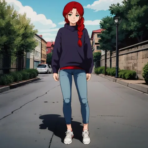 masterpiece,high quality,solo,outdoors,
<lora:christinamackenzie001:0.7>,looking at viewer,smile,
christinamackenzie,1girl,
single braid,long hair,red hair,green eyes,
sweater,
jeans,
sneakers,