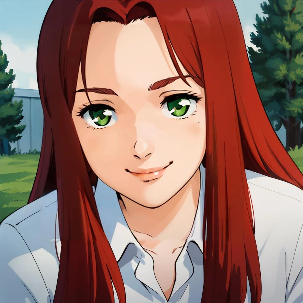 masterpiece,high quality,solo,outdoors,
<lora:christinamackenzie001:0.8>,smile,
christinamackenzie,1girl,
long hair,parted bangs,red hair,green eyes,
white shirt,close-up,collared_shirt,