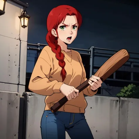masterpiece,high quality,solo,outdoors,
<lora:christinamackenzie001:0.7>,looking at viewer,angry,open mouth,
christinamackenzie,1girl,
single braid,long hair,red hair,green eyes,
sweater,
jeans,
holding a bat,night,