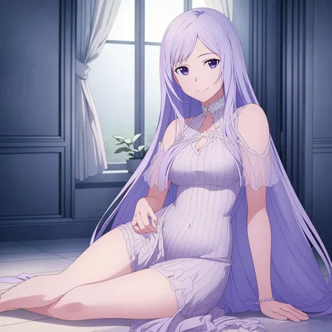 ((masterpiece)),((highres)),((best quality)),((highly detailed)),((extremely detailed CG unity 8k wallpaper)),illustration,Quinella,facing viewer,looking at viewer,seductive smile,tile floor,sunlight,window,sitting,