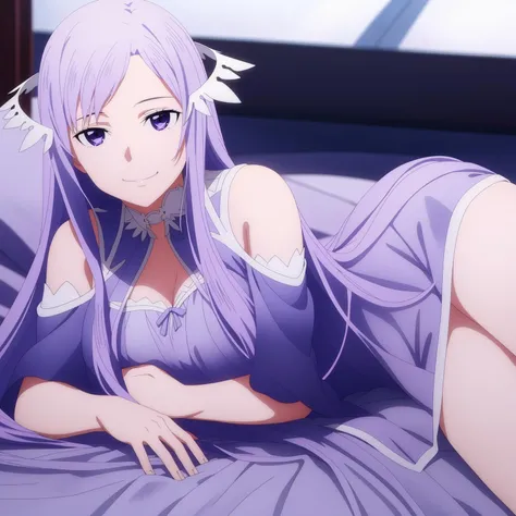 Quinella,purple dress,solo,looking at viewer,seductive smile,lying,on side,