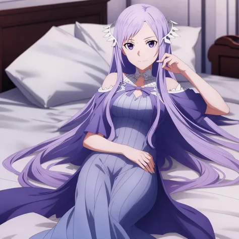 cowboy shot,Quinella,solo,looking at viewer,purple dress,on back,on bed,