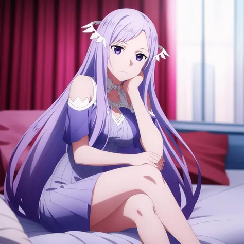 cowboy shot,Quinella,purple dress,solo,looking at viewer,expressionless,head rest,crossed legs,sidelocks,on bed,