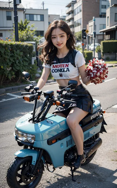 (1girl, motocompo, smile, blue eyes, cheerleader), in movement, <lyco:motocompo_v11:1.0>