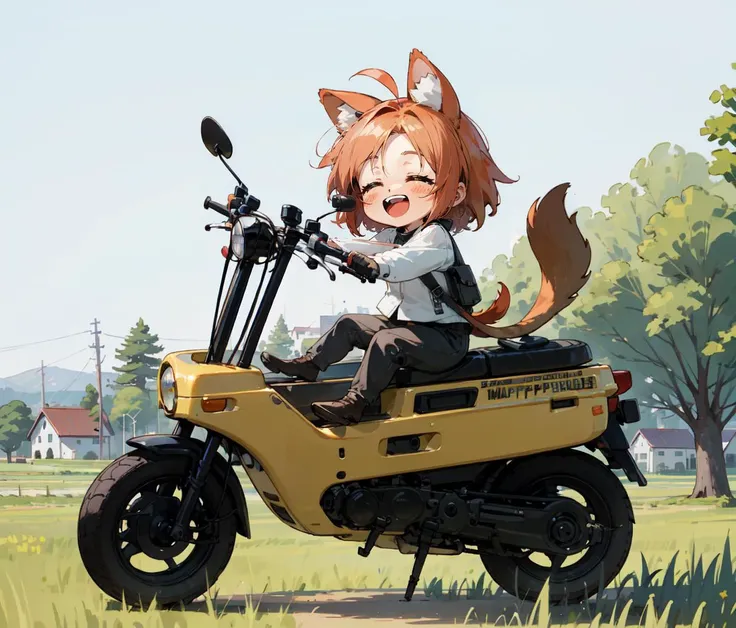 masterpiece,best quality,vehicle focus,
(solo,chibi:1.5),riding [pocketbike: (motocompo:1.1) <lyco:motocompo_v10:0.5> :0.7],(giggling,happy:1.2),closed eyes,open mouth,animal ears and tail,
field,village,