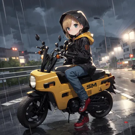 masterpiece,best quality,motocompo,SIGMA 85 mm F/1.4,
solo:1.5,hooded jacket,jeans,leaning on minibike,
(flyover,highway,twilight,rain,gradient sky,1.2),
AS-Young,<lyco:motocompo_v11:0.9>