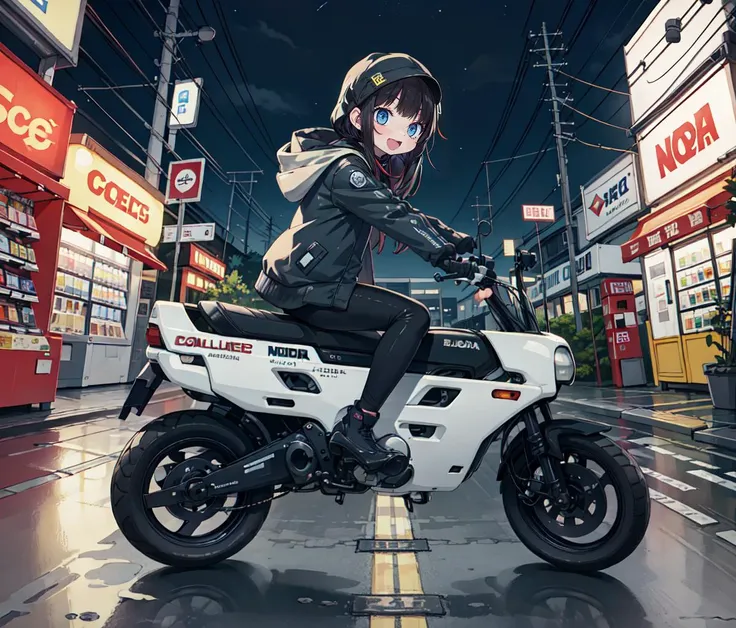 masterpiece,best quality,vehicle focus,
solo,1girl,:d,hooded jacket,leggings,squatting in front of a [pocketbike: (motocompo:1.1) <lyco:motocompo_v10:0.6> :0.7],
(convenience store,neon lights,night:1.2),